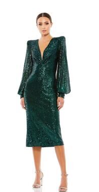 Mac Duggal Emerald After-Dark Sequin Power Shoulder Midi Dress Size 8